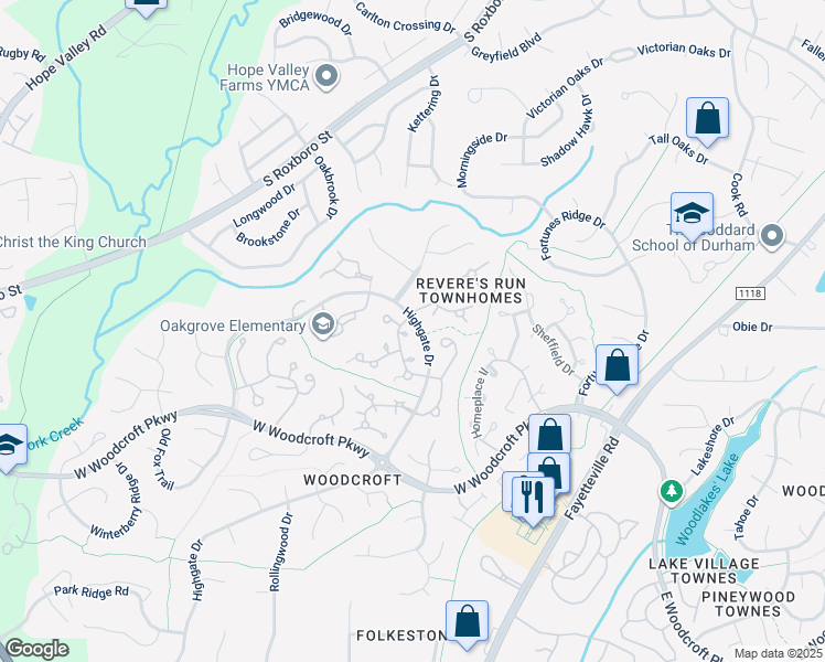 map of restaurants, bars, coffee shops, grocery stores, and more near 5 Applewood Square in Durham