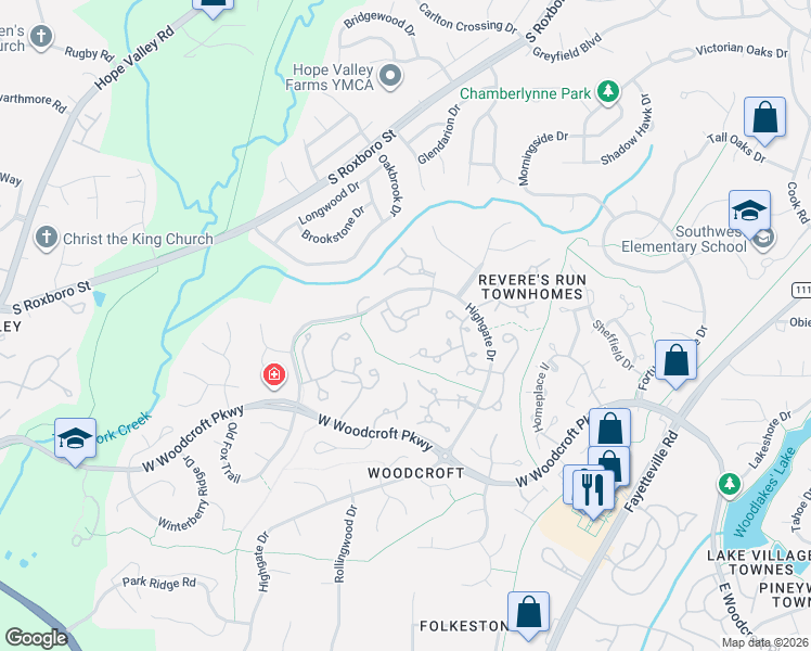 map of restaurants, bars, coffee shops, grocery stores, and more near 3706 Chimney Ridge Place in Durham