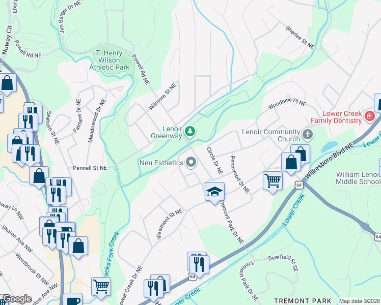 map of restaurants, bars, coffee shops, grocery stores, and more near 634 Powell Road Northeast in Lenoir