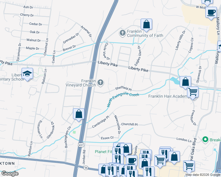 map of restaurants, bars, coffee shops, grocery stores, and more near 113 Sheffield Place in Franklin