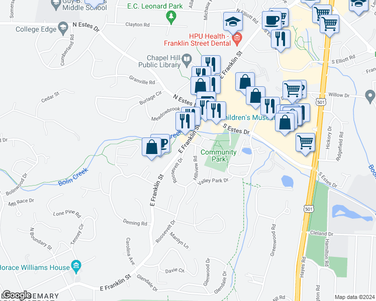 map of restaurants, bars, coffee shops, grocery stores, and more near 1218 Roosevelt Drive in Chapel Hill