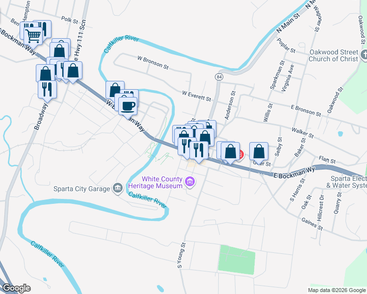 map of restaurants, bars, coffee shops, grocery stores, and more near 5 North Church Street in Sparta