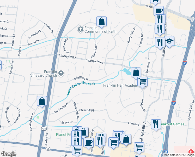 map of restaurants, bars, coffee shops, grocery stores, and more near 306 Sheffield Place in Franklin