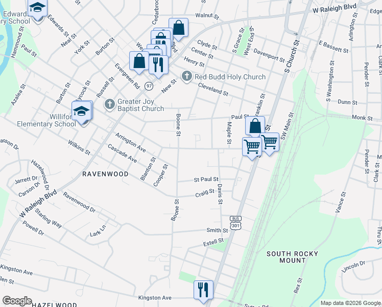 map of restaurants, bars, coffee shops, grocery stores, and more near 533 Nashville Road in Rocky Mount