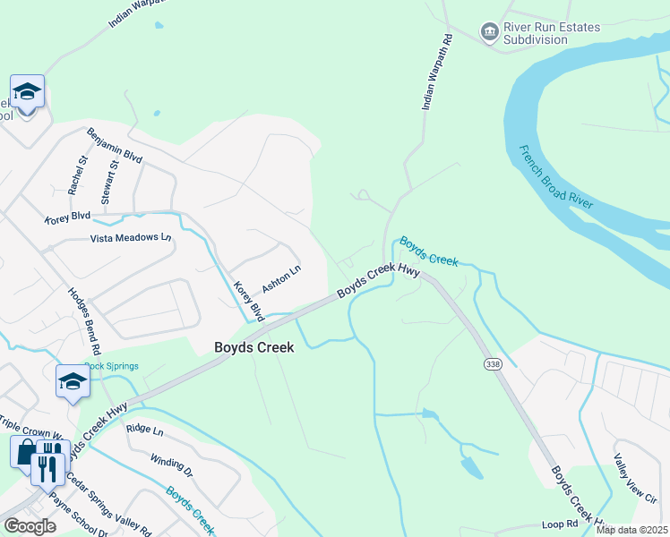 map of restaurants, bars, coffee shops, grocery stores, and more near 2744 Boyds Creek Highway in Sevierville