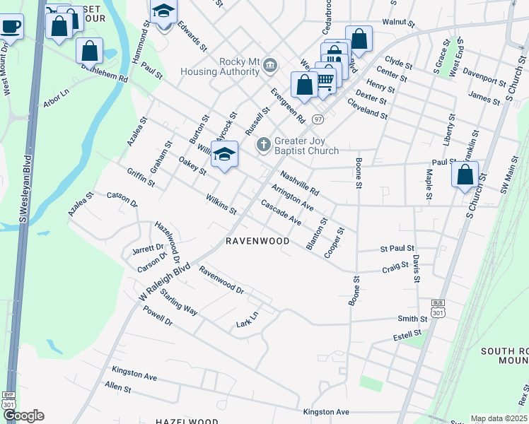 map of restaurants, bars, coffee shops, grocery stores, and more near 1513 West Raleigh Boulevard in Rocky Mount