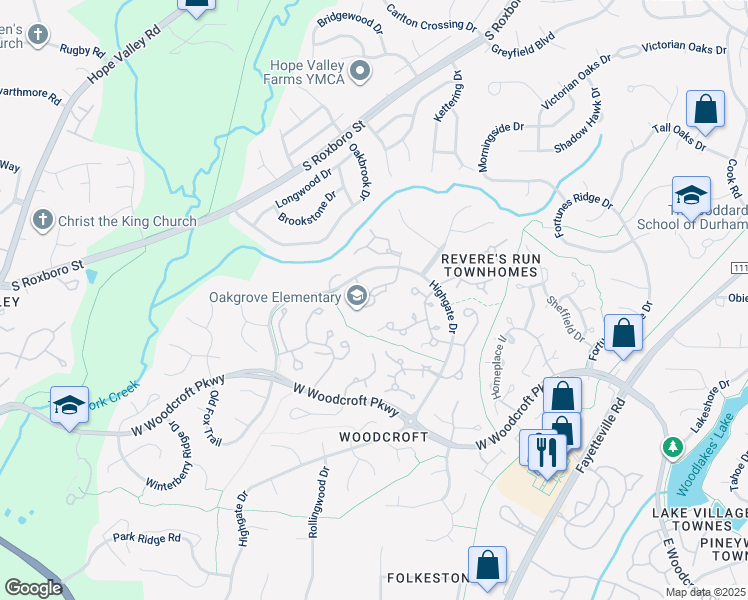 map of restaurants, bars, coffee shops, grocery stores, and more near 3706 Chimney Ridge Place in Durham