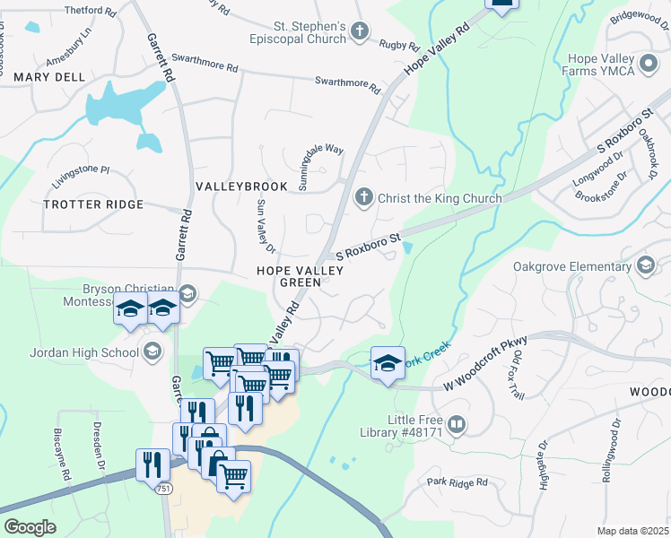 map of restaurants, bars, coffee shops, grocery stores, and more near 4500 Hope Valley Road in Durham
