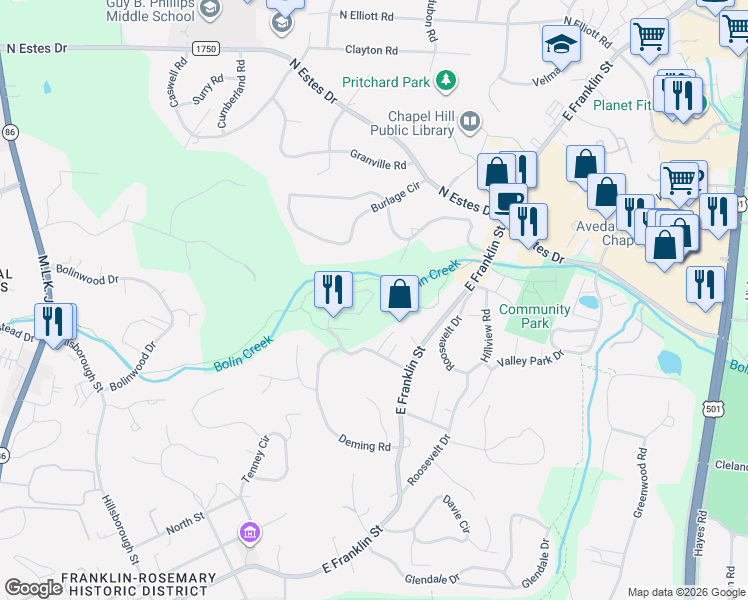 map of restaurants, bars, coffee shops, grocery stores, and more near 235-299 Elizabeth St in Chapel Hill
