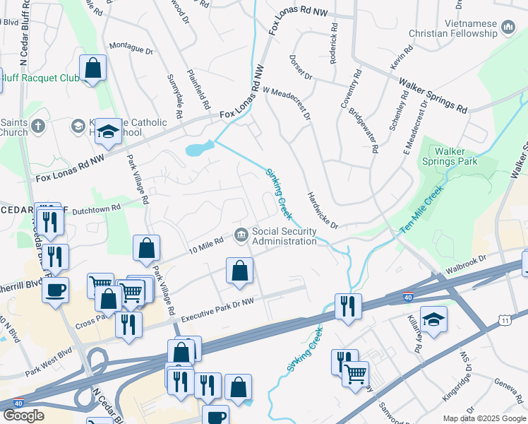 map of restaurants, bars, coffee shops, grocery stores, and more near 408 Cross Creek Road in Knoxville
