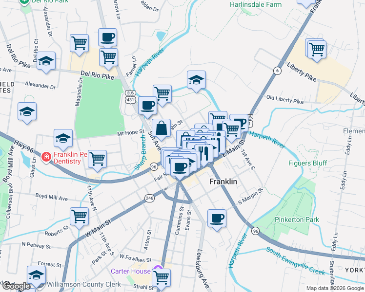 map of restaurants, bars, coffee shops, grocery stores, and more near 316 Bridge Street in Franklin