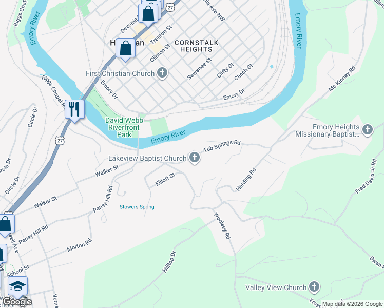 map of restaurants, bars, coffee shops, grocery stores, and more near 110 Lakeview Church Lane in Harriman