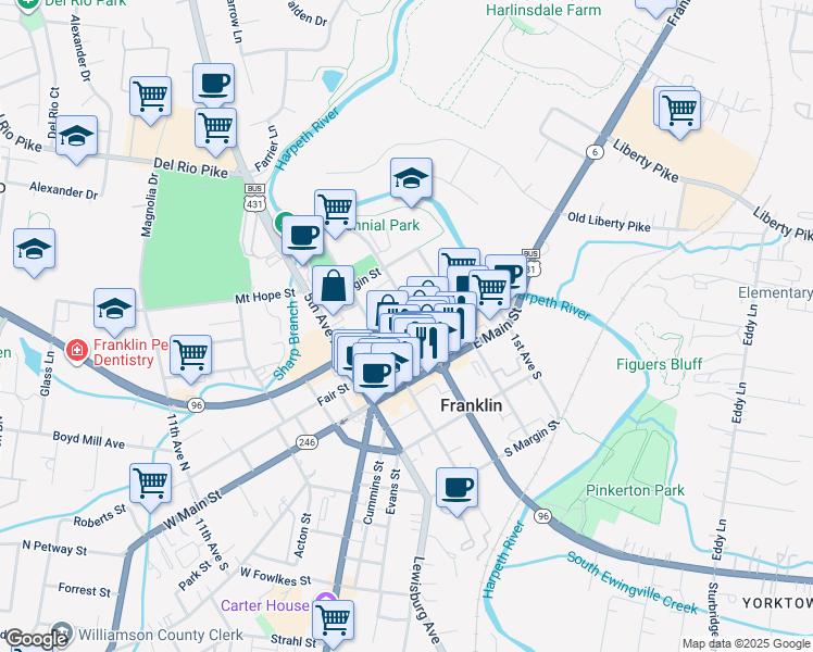 map of restaurants, bars, coffee shops, grocery stores, and more near 316 Bridge Street in Franklin