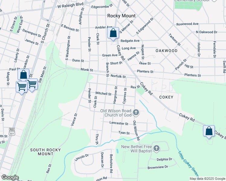map of restaurants, bars, coffee shops, grocery stores, and more near 1214 Hargrove Street in Rocky Mount