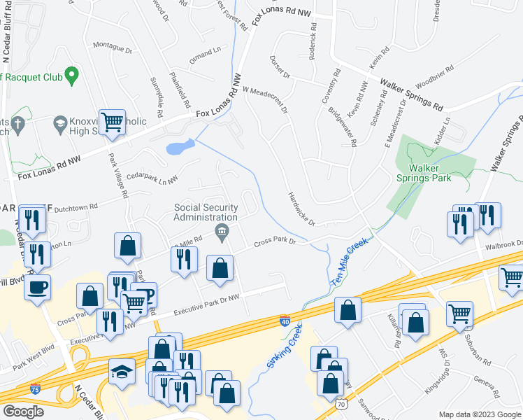 map of restaurants, bars, coffee shops, grocery stores, and more near 451 Eagle Brook Drive in Knoxville