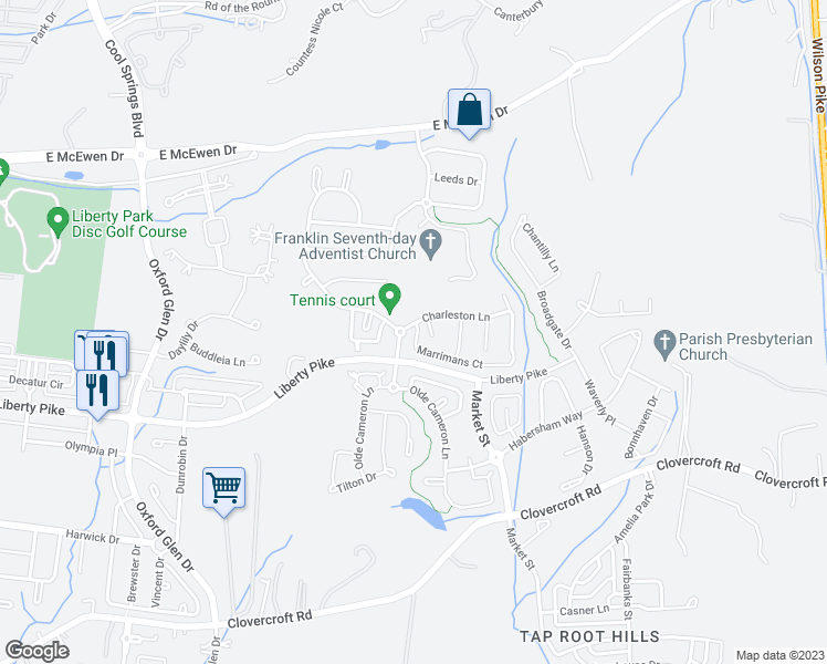 map of restaurants, bars, coffee shops, grocery stores, and more near 1504 Towne Park Lane in Franklin