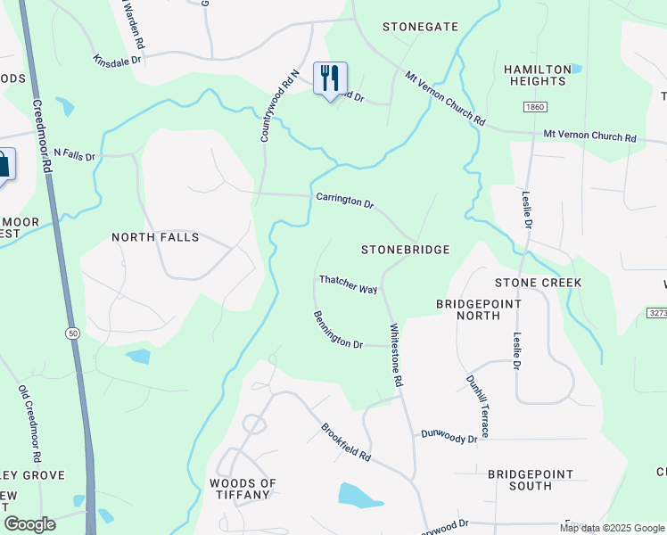 map of restaurants, bars, coffee shops, grocery stores, and more near 812 Thatcher Way in Raleigh