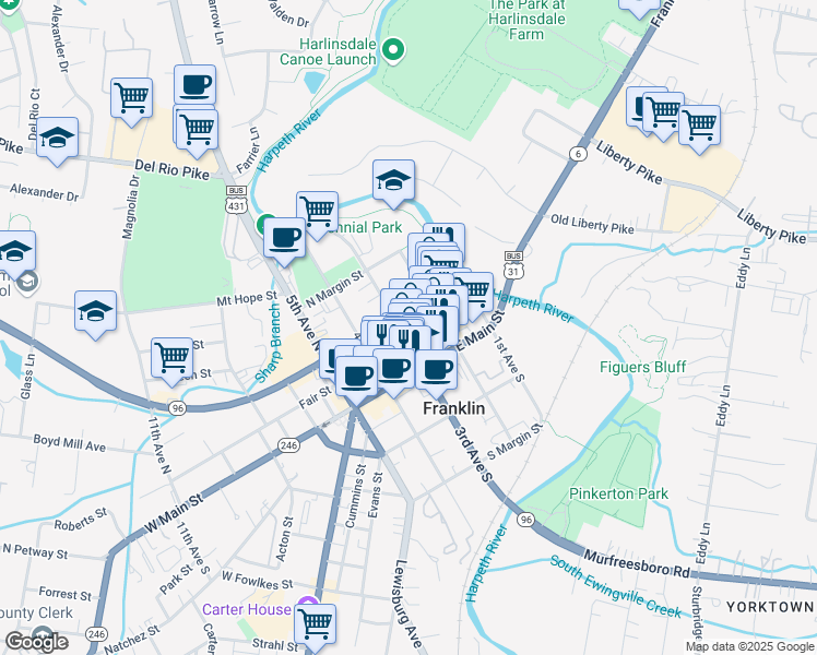 map of restaurants, bars, coffee shops, grocery stores, and more near 126 3rd Avenue North in Franklin
