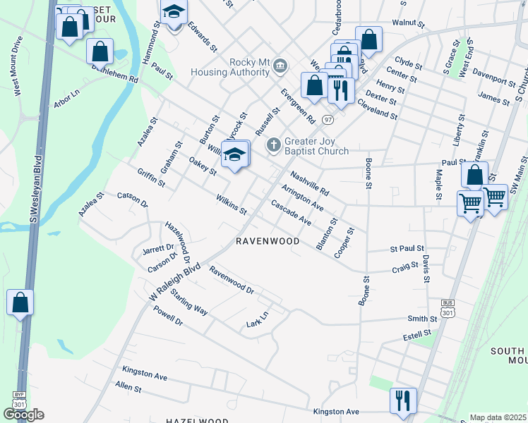map of restaurants, bars, coffee shops, grocery stores, and more near 1513 West Raleigh Boulevard in Rocky Mount
