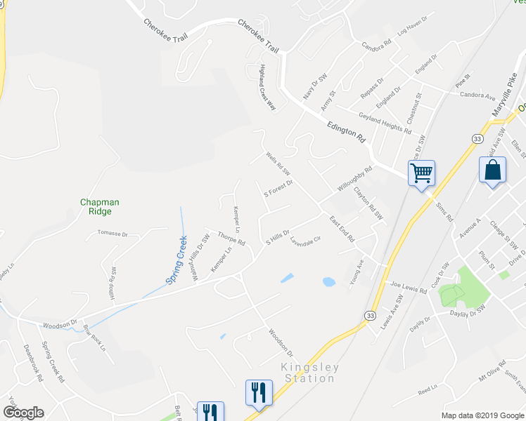 map of restaurants, bars, coffee shops, grocery stores, and more near 4501 Mellowood Circle in Knoxville