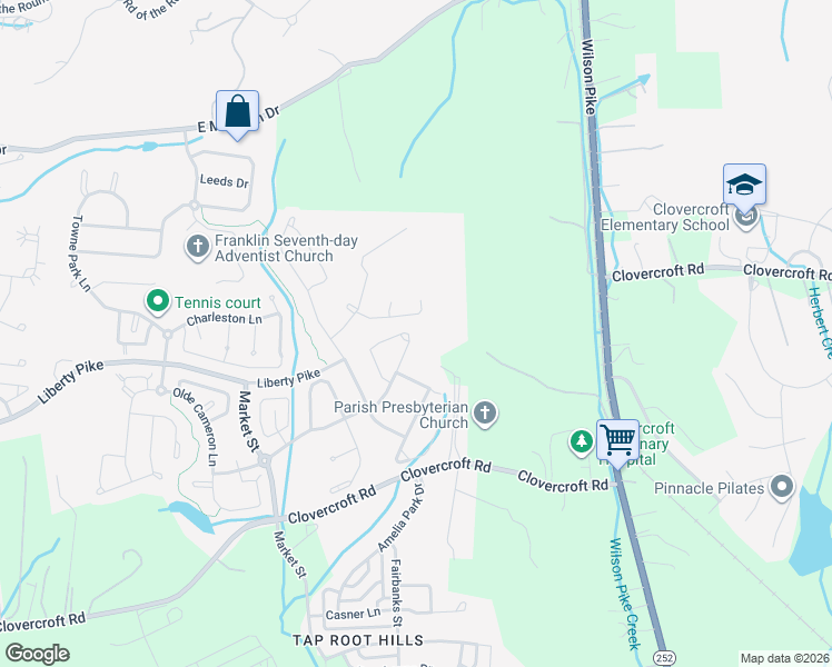 map of restaurants, bars, coffee shops, grocery stores, and more near 1267 Habersham Way in Franklin