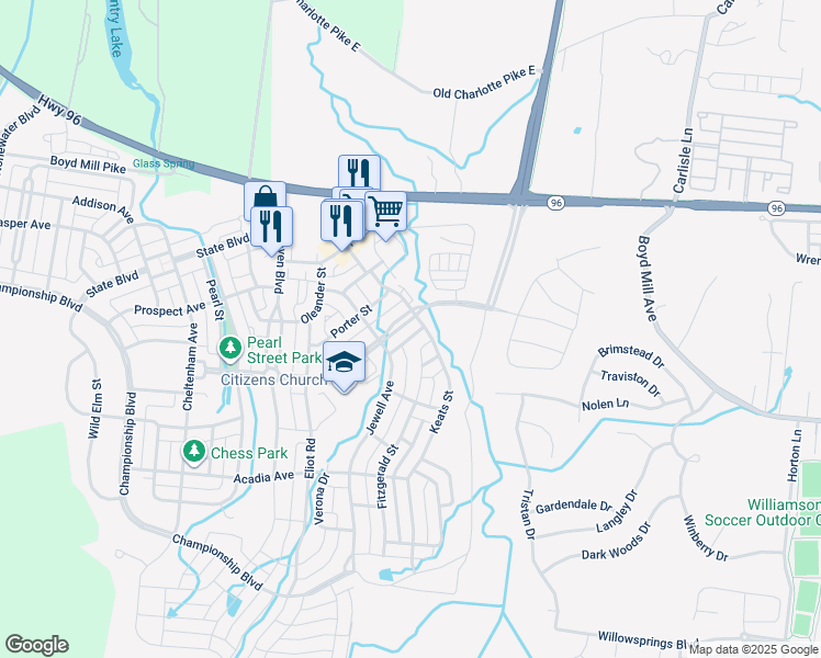 map of restaurants, bars, coffee shops, grocery stores, and more near 1615 Townsend Boulevard in Franklin