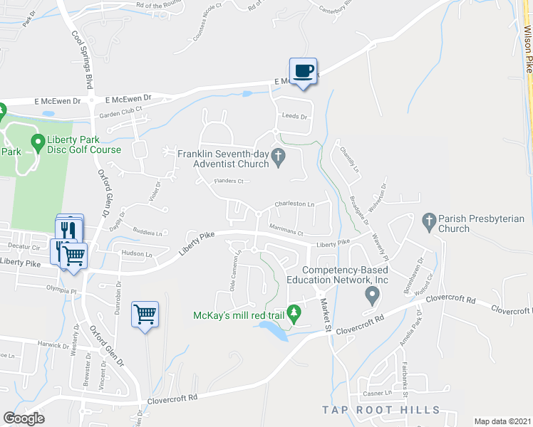 map of restaurants, bars, coffee shops, grocery stores, and more near 1504 Towne Park Lane in Franklin