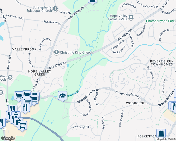 map of restaurants, bars, coffee shops, grocery stores, and more near 52 Barkridge Court in Durham