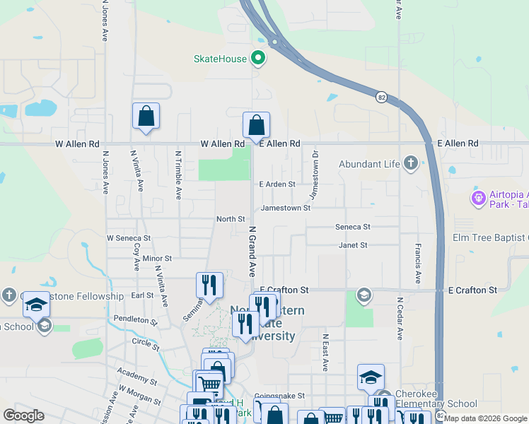 map of restaurants, bars, coffee shops, grocery stores, and more near 106 Jamestown Street in Tahlequah