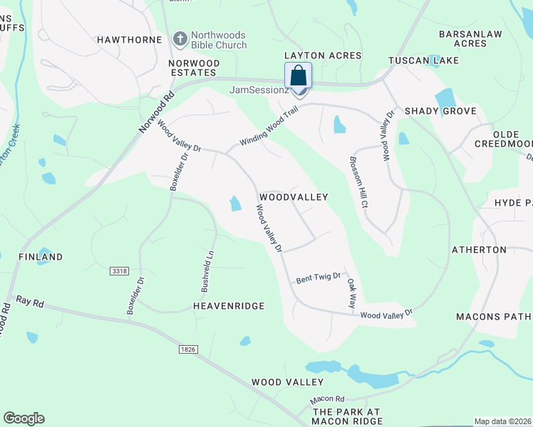 map of restaurants, bars, coffee shops, grocery stores, and more near 5016 Wood Valley Drive in Raleigh