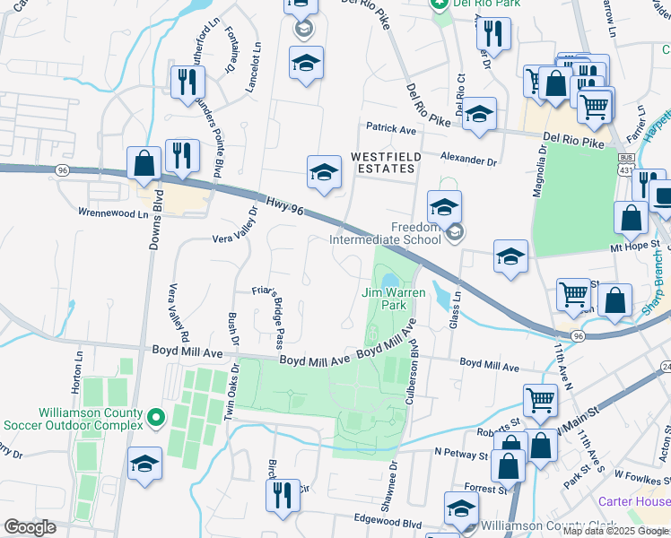 map of restaurants, bars, coffee shops, grocery stores, and more near 1107 Clairmonte Drive in Franklin