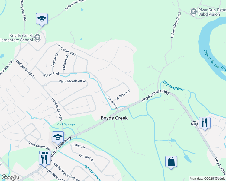 map of restaurants, bars, coffee shops, grocery stores, and more near 2714 Madison Ridge in Sevierville