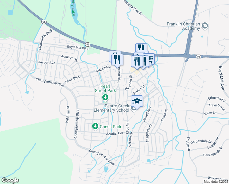 map of restaurants, bars, coffee shops, grocery stores, and more near 1165 Westhaven Boulevard in Franklin