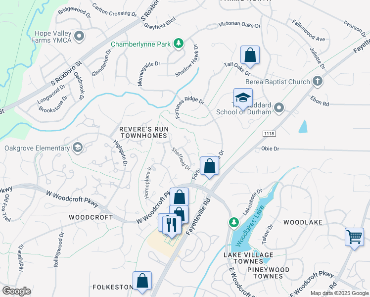 map of restaurants, bars, coffee shops, grocery stores, and more near 5500 Fortunes Ridge Drive in Durham