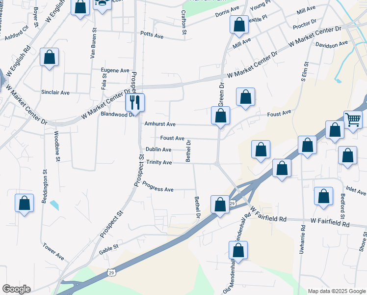map of restaurants, bars, coffee shops, grocery stores, and more near 229 Dublin Avenue in High Point