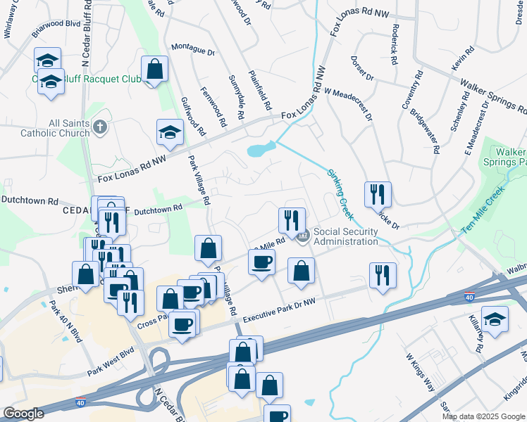 map of restaurants, bars, coffee shops, grocery stores, and more near 9014 Countrywood Drive Northwest in Knoxville