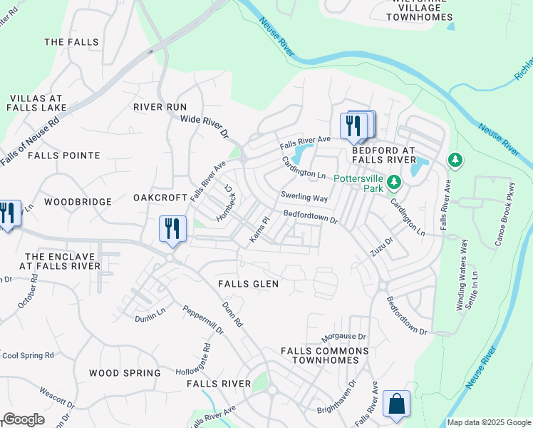 map of restaurants, bars, coffee shops, grocery stores, and more near 2232 Karns Place in Raleigh