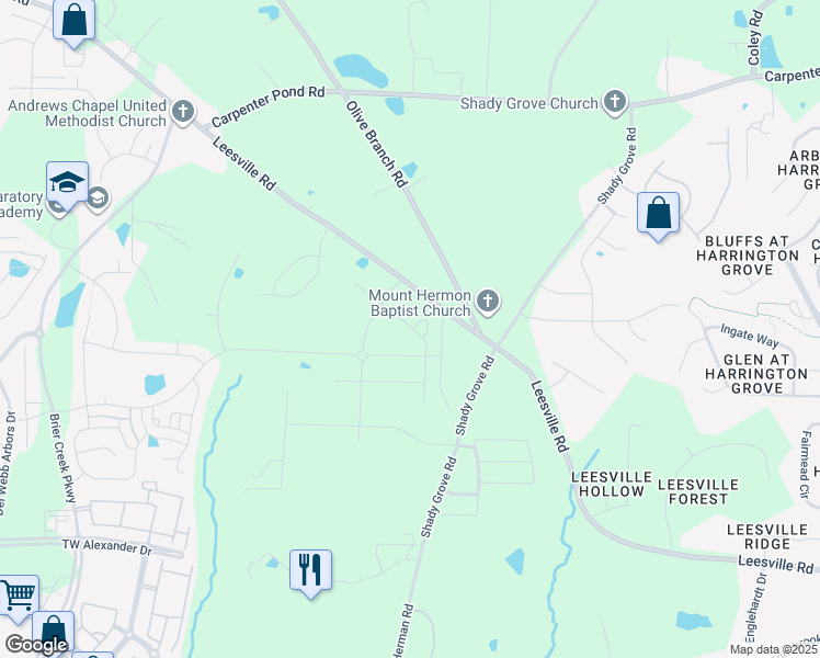 map of restaurants, bars, coffee shops, grocery stores, and more near 2501 Maplemere Court in Durham