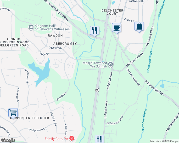 map of restaurants, bars, coffee shops, grocery stores, and more near 3500 Apex Highway in Durham