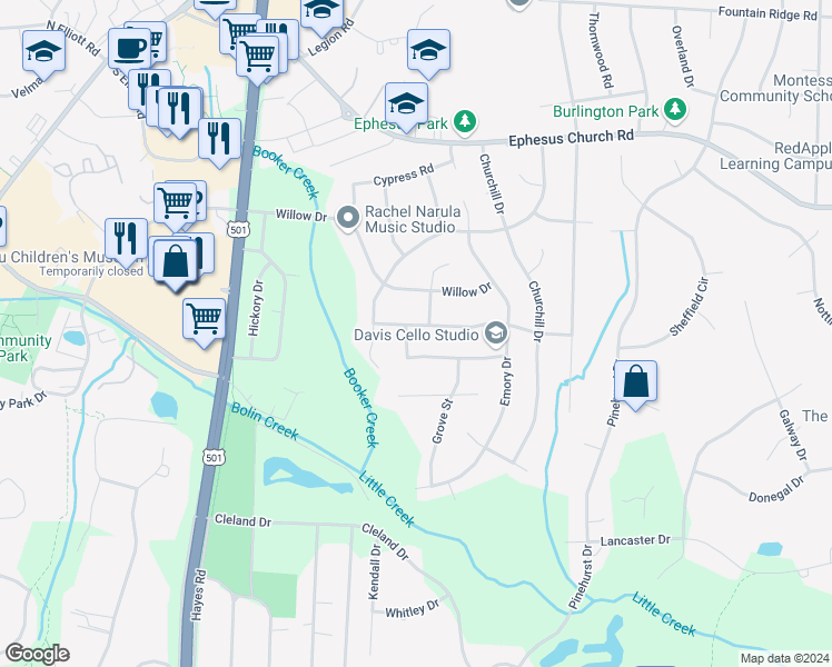 map of restaurants, bars, coffee shops, grocery stores, and more near 1302 Leclair Street in Chapel Hill