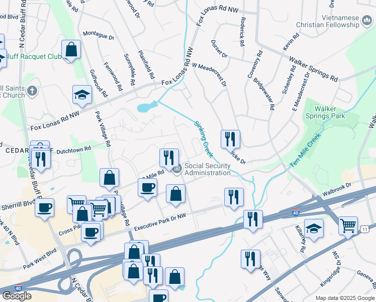 map of restaurants, bars, coffee shops, grocery stores, and more near 408 Cross Creek Road in Knoxville