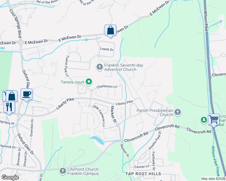 map of restaurants, bars, coffee shops, grocery stores, and more near 1303 Citadel Court in Franklin