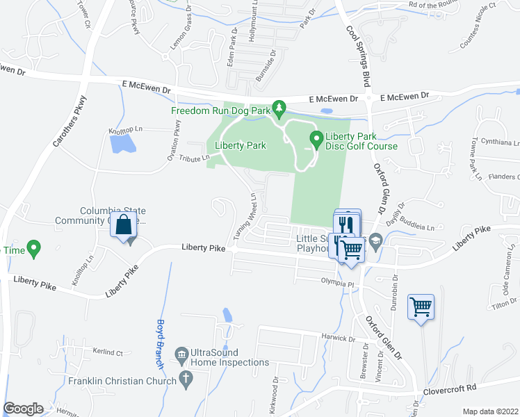 map of restaurants, bars, coffee shops, grocery stores, and more near 1003 Park Run Drive in Franklin