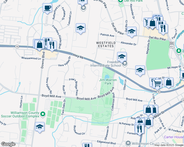 map of restaurants, bars, coffee shops, grocery stores, and more near 1107 Clairmonte Drive in Franklin