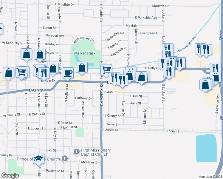 map of restaurants, bars, coffee shops, grocery stores, and more near 806 E Ash St in Blytheville
