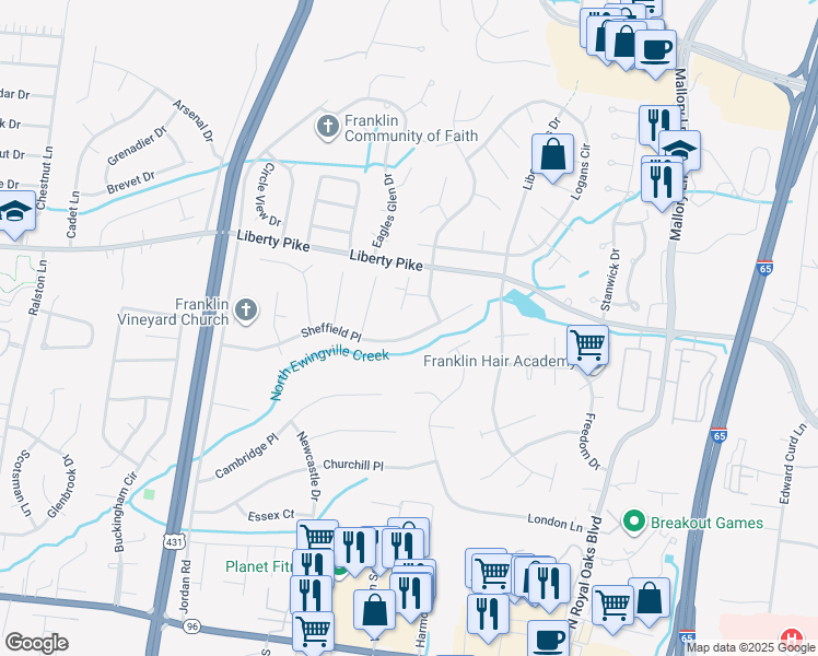 map of restaurants, bars, coffee shops, grocery stores, and more near 306 Sheffield Place in Franklin