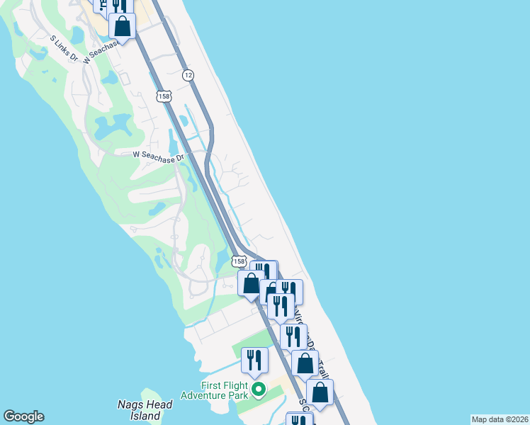 map of restaurants, bars, coffee shops, grocery stores, and more near 114 Sea Holly Court in Nags Head