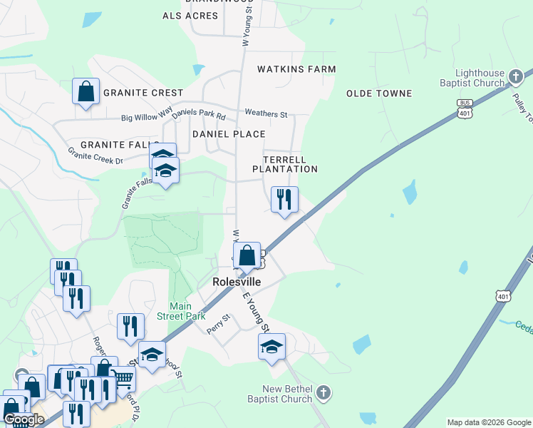 map of restaurants, bars, coffee shops, grocery stores, and more near 108 Nortwick Road in Rolesville