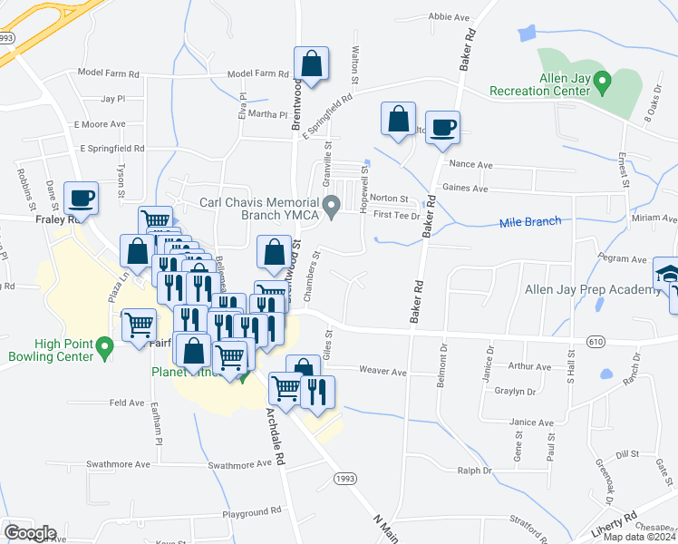 map of restaurants, bars, coffee shops, grocery stores, and more near 137 Thomas Street in Archdale