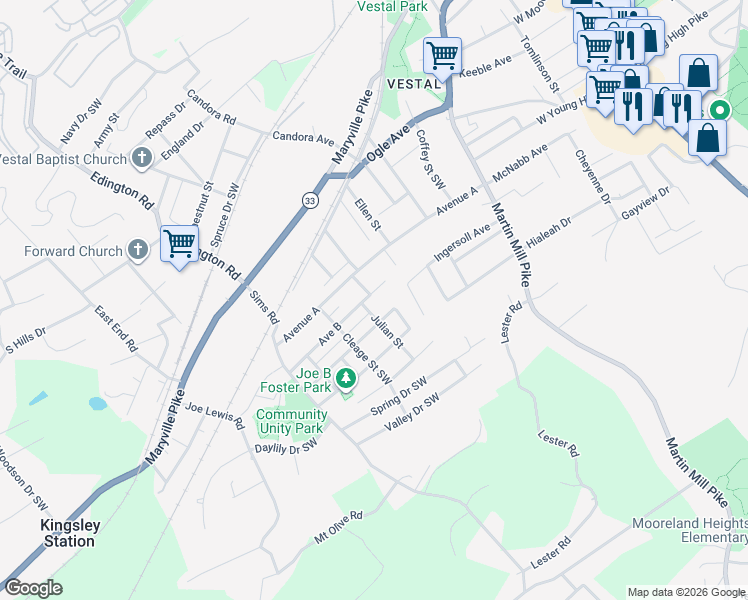 map of restaurants, bars, coffee shops, grocery stores, and more near 210 Avenue B in Knoxville